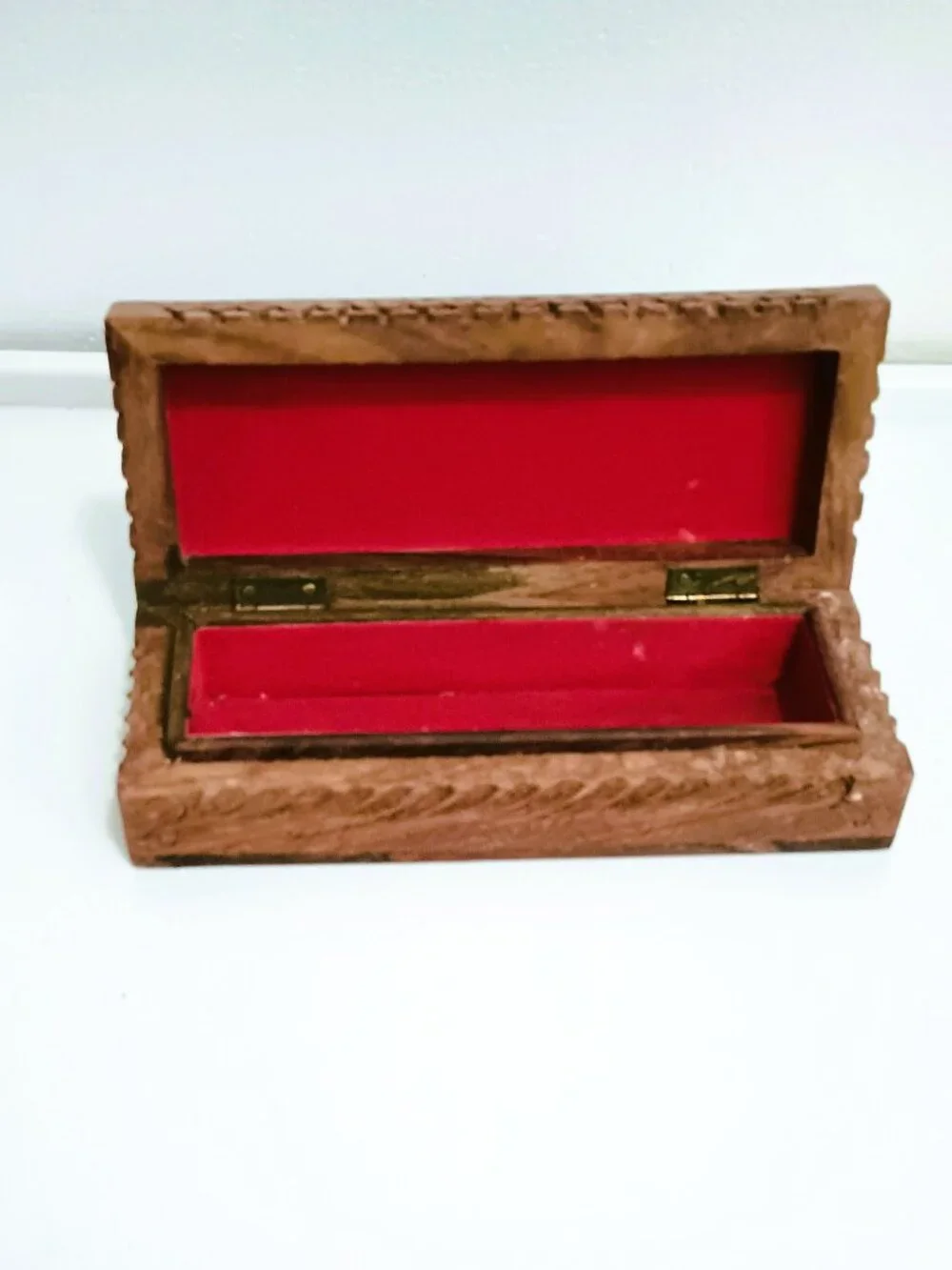 Hand Carved Floral Wooden Trinket Box Vintage Jewelry Storage Velvet Lining
